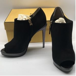 Fendi black suede peep toe w/ glitter platform ankle boot heel sz 38.5
